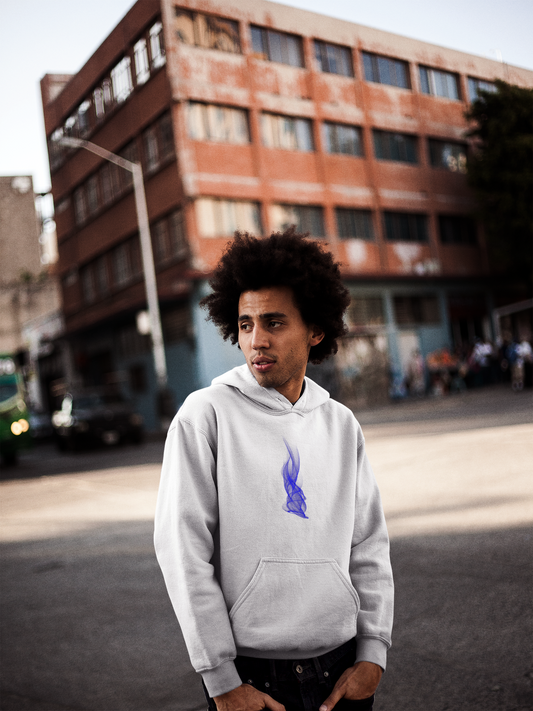 Man wearing white Hoodie with Blue Flame