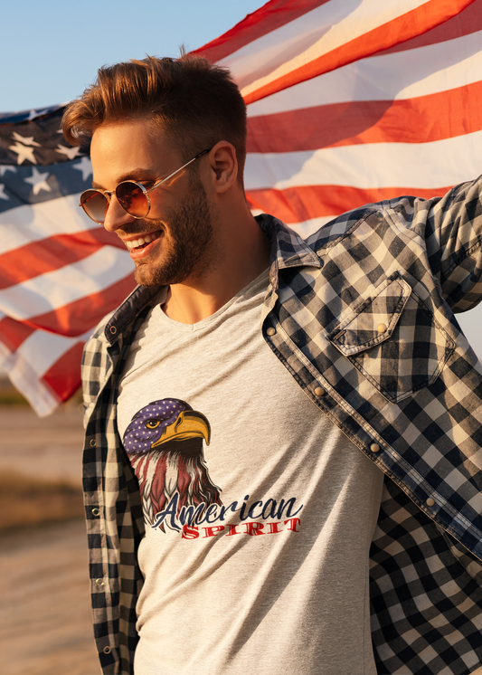 Man wearing sunglasses with flag flying in background